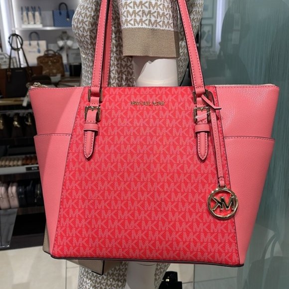 Michael Kors Handbags - Michael Kors Charlotte Large Logo and Leather Top-Zip Tote Bag Coral Reef Multi